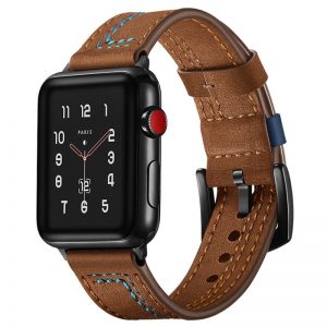 Curea Piele Naturala, Leather Loop, Compatibila cu Apple Watch 1/2/3/4/5/6, Maro Deschis Cusatura Albastra